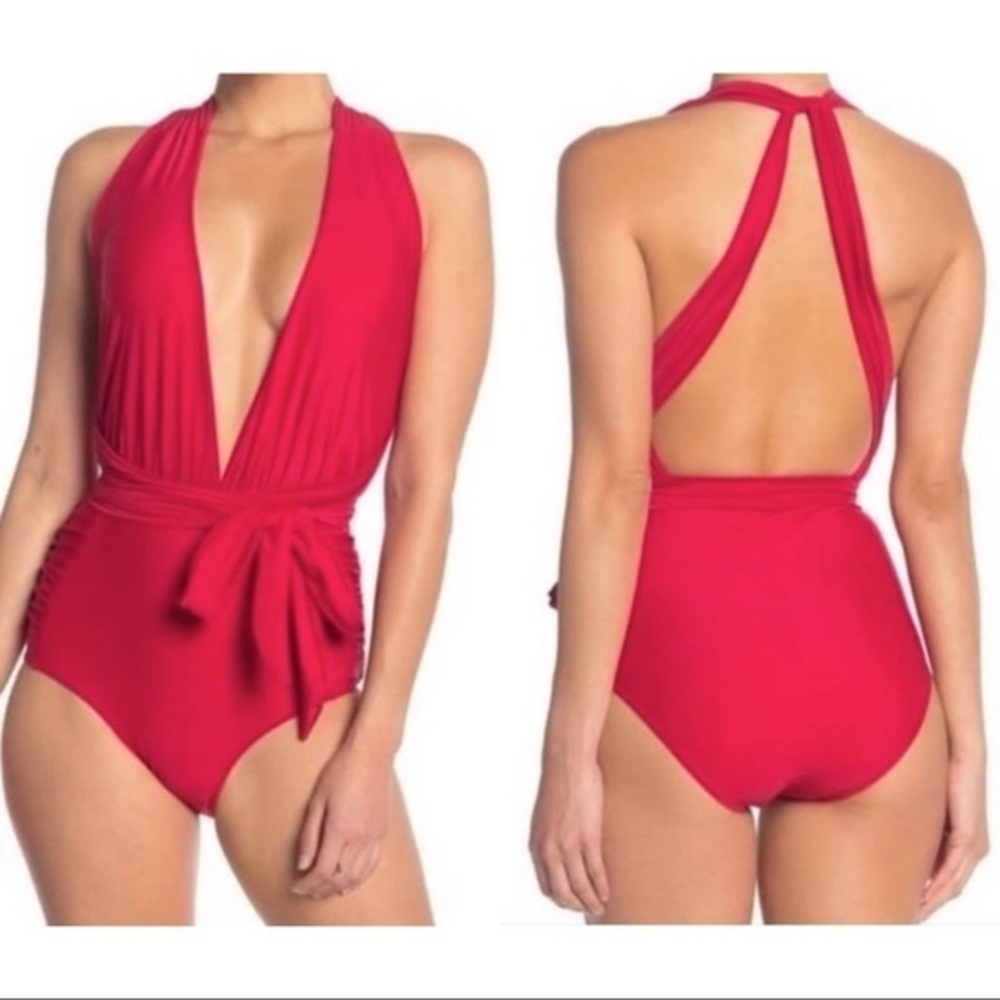 Nicole Miller Plunging Deep V Neckline Ruched Convertible One Piece Swimsuit